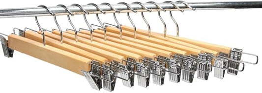 10-Pack Natural Finish Wooden Pant Skirt Hangers with 2-Adjustable Anti-Rust Clips