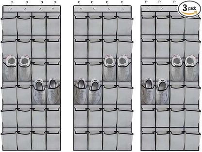 Over the Door Shoe Organizer, 24 Pockets Hanging Shoe Rack Mesh Fabric Visible Shoe Holder Back of Door Hanging Storage Closet Shoe Holder Hanger for Entryway Bedroom Bathroom 3 Pack