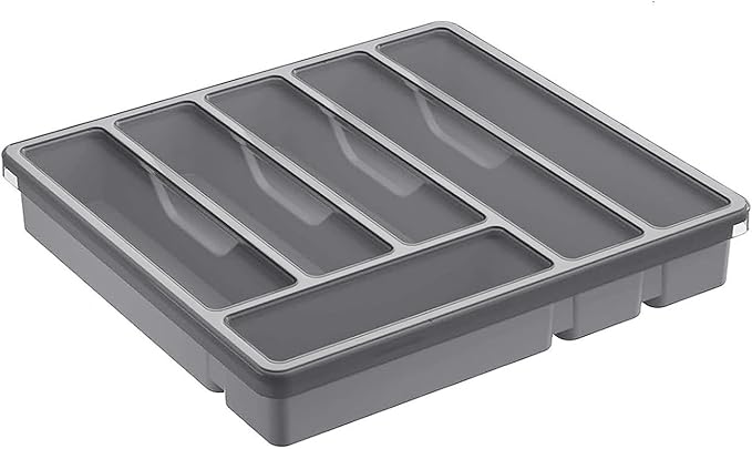 Organizer with Lid, 6 Compartments Covered Utensil Tray for Kitchen Drawer and Countertop, Plastic Cutlery and Flatware Storage Box for Spoons Forks Knives Holder Case, Grey
