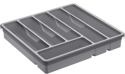 Organizer with Lid, 6 Compartments Covered Utensil Tray for Kitchen Drawer and Countertop, Plastic Cutlery and Flatware Storage Box for Spoons Forks Knives Holder Case, Grey