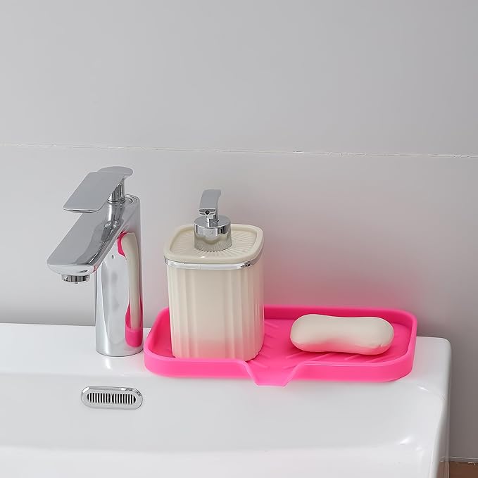 MicoYang Silicone Bathroom Soap Dishes with Drain Spout-Bathroom and Kitchen Sink Organizer,Sponge Holder,Dish Soap Tray,Perfect for Dispenser,Scrubber,Bottle,Cup on Sink or Counter-Rose 9.6"×5.3"
