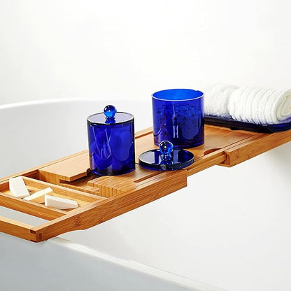 Qtip Holder Bathroom Set with Tray(4PCS) - 3 Pack Acrylic Plastic Apothecary Jars Qtip Dispenser Canister with Lid and Labels, 1 Pack Bathroom Vanity Tray, for Cotton Ball, Cotton Swab (Blue)