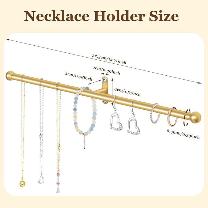 2 Pack Necklace Holder Wall Mounted 12.7'' Necklace Organizer Gold Wall Hanging Jewelry Organizer for Necklaces, Bracelets Rings Display