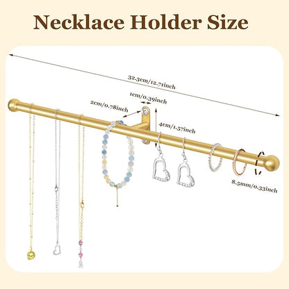 2 Pack Necklace Holder Wall Mounted 12.7'' Necklace Organizer Gold Wall Hanging Jewelry Organizer for Necklaces, Bracelets Rings Display