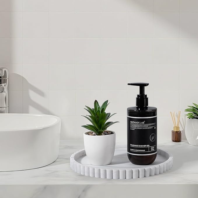 Round Bathroom Tray Silicone Kitchen Counter Decor Vanity Organizer Decorative Coffee Table Tray for Perfume, Candle, Soap Dish, 9 Inch, Marble