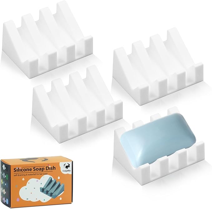 Self Draining Soap Dish Holder,Silicone Soap Dish,for Bathroom,Kitchen, Sponges，Can Extend Soap Life，Keep Soap Bars Dry and Easy Cleaning (White,4-Pack)