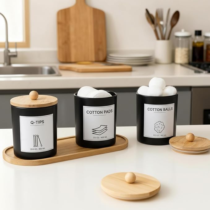 3Pack Glass Qtip Holder with Bamboo Tray, Cotton Ball Holder, 13.5 oz Apothecary Jars Bathroom Canisters with Lids, Bathroom Jars for Floss Picks, Cotton Swabs, Balls, Pads(Black)
