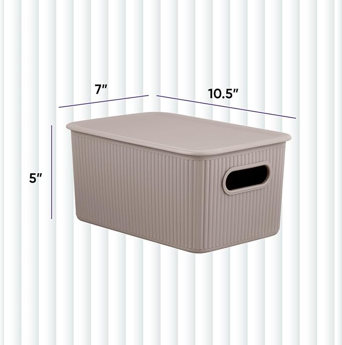 Decorative Plastic Basket Lidded Home Storage Bins Organizer Baskets, Medium Taupe (1 Pack - 5 Liter) Stackable Container Box, for Organizing Closet Storage Bins for Shelves - Ribbed Collection