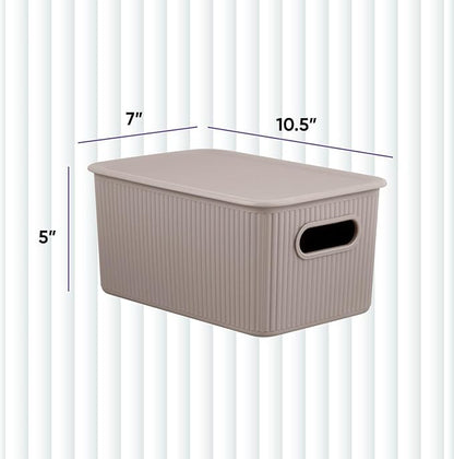 Decorative Plastic Basket Lidded Home Storage Bins Organizer Baskets, Medium Taupe (1 Pack - 5 Liter) Stackable Container Box, for Organizing Closet Storage Bins for Shelves - Ribbed Collection