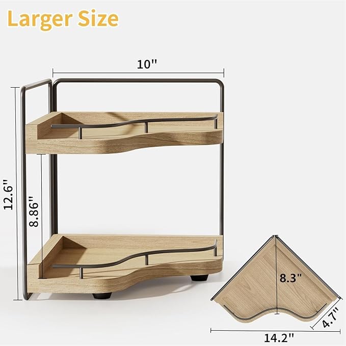 2-Tier Corner Bathroom Counter Organizer with Embedded Screw Holes, Secure & Stable Wood Vanity Shelf for Makeup and Skincare Essentials - Space Saving Bathroom Countertop Storage, ‎‎Light Walnut