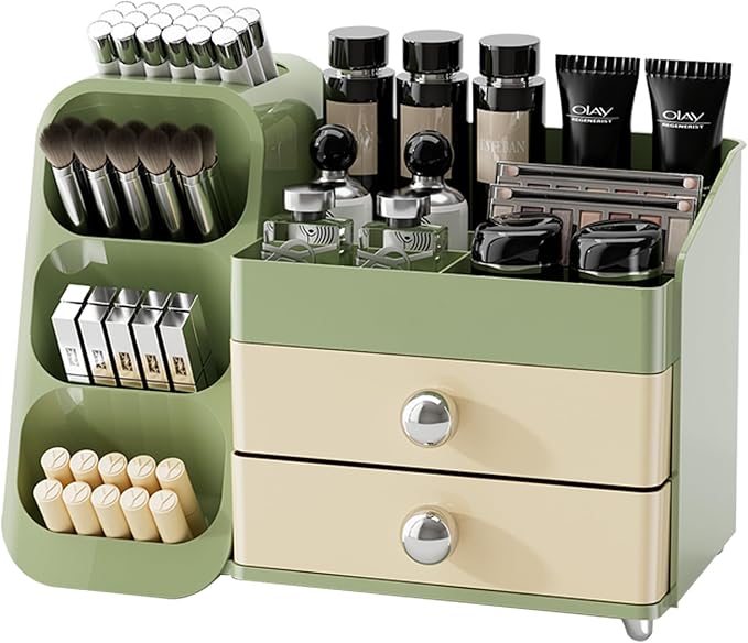 Makeup Organizer Countertop For Women,Brush Holder, Makeup Storage Organizer with 2 Drawers, Spacious Cosmetic Display Case for Beauty Essential, Skincare, Lipstick (Green)