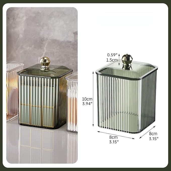Clear Qtip Holder Dispenser for Cotton Ball and Swab Plastic with Lid Translucent Square Shape Canister Cube Jar for Bathroom Living Room Bedroom Vanity Makeup Organization (Green+Tranparent)