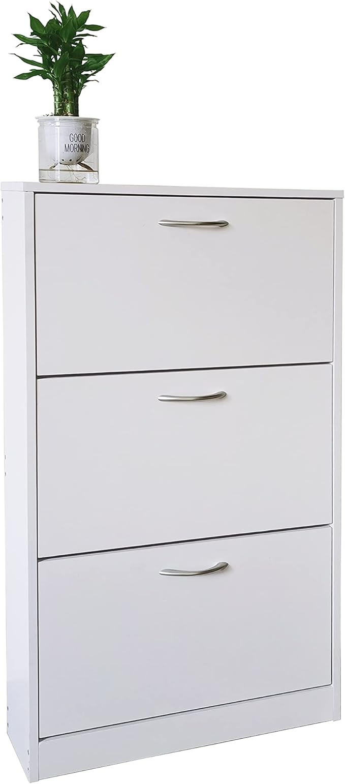 Karl home Narrow Shoe Cabinet for Entryway, Freestanding Shoe Rack with 3 Flip Drawers Doors, Adjustable Tipping Wood Hidden Storage Organizer for Hallway Apartment Foyer, White