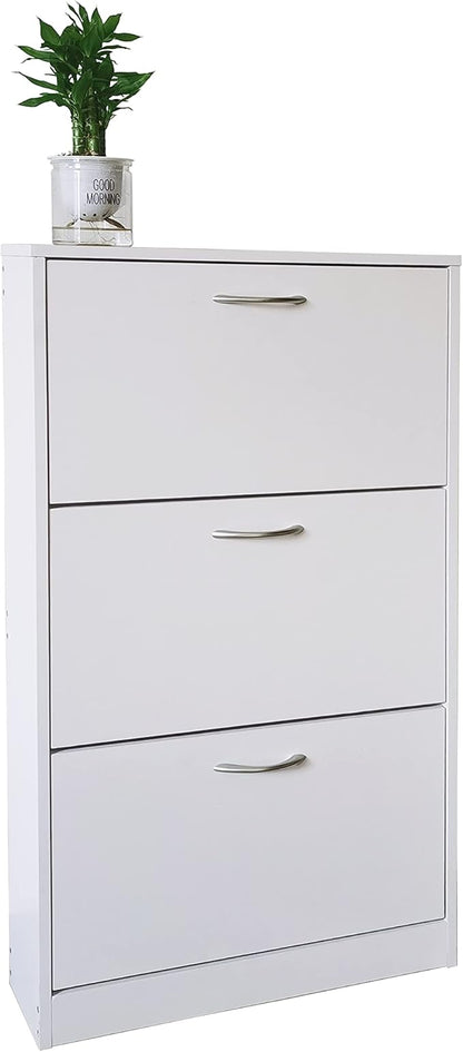 Karl home Narrow Shoe Cabinet for Entryway, Freestanding Shoe Rack with 3 Flip Drawers Doors, Adjustable Tipping Wood Hidden Storage Organizer for Hallway Apartment Foyer, White