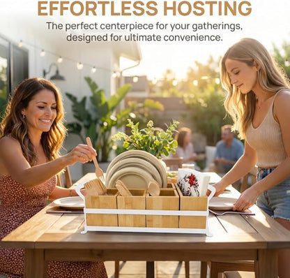 Bamboo Utensil Caddy with Handle - 5 Compartment Silverware Holder for Party & Kitchen Countertop - Removable Wooden Flatware Organizer for Picnic, BBQ, Buffet, RV & Outdoor Dining