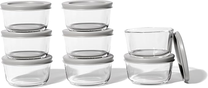 16-Piece Glass Food Storage Containers Set (8 Containers + 8 BPA-Free Lids) | 1-Cup, Leakproof | Microwave, Freezer, Oven & Dishwasher Safe | Ideal for Meal Prep & Pantry Organization, Grey