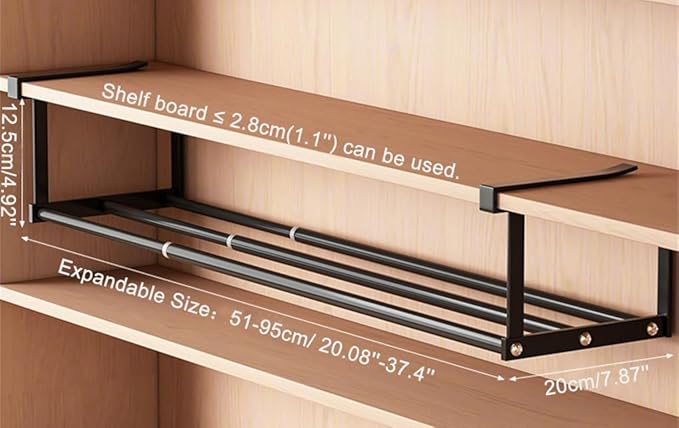 Expandable Shoe Rack Closet Hanging Organizer 20.08''-37.4'' Metal Adjustable Under Cabinet Storage Shelf Space Saving for Kitchen Pantry Room Dorm, Black, 1 Pack