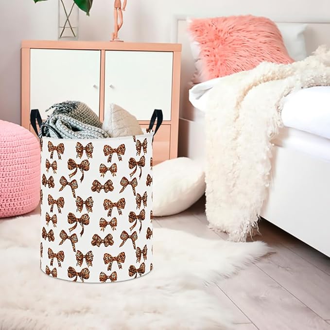 CLOCOR Large Laundry Basket,Waterproof Nursery Hamper,Collapsible Fabric Storage Container,Room Decor,Gift Basket（Leopard Print Bow)