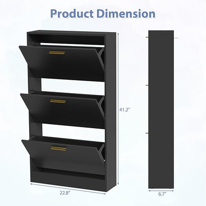 Shoe Cabinet with 3 Flip Drawers, Shoe Cabinet Storage for Entryway, Black Modern Shoe Organizer Wood, Freestanding Small Thin Shoe Racks with Doors, Black