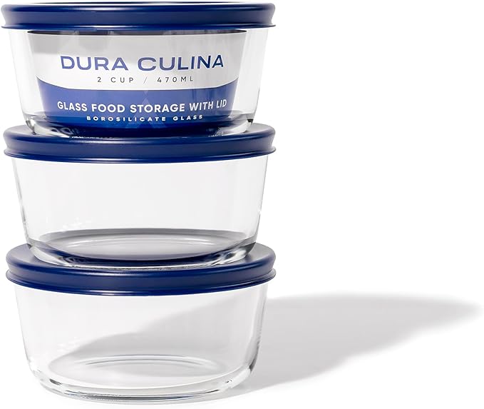 6-Piece Glass Food Storage Containers Set (3 Containers + 3 BPA-Free Lids) | 2-Cup, Leakproof | Microwave, Freezer, Oven & Dishwasher Safe | Ideal for Meal Prep & Pantry Organization, Blue