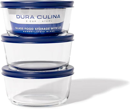 6-Piece Glass Food Storage Containers Set (3 Containers + 3 BPA-Free Lids) | 2-Cup, Leakproof | Microwave, Freezer, Oven & Dishwasher Safe | Ideal for Meal Prep & Pantry Organization, Blue