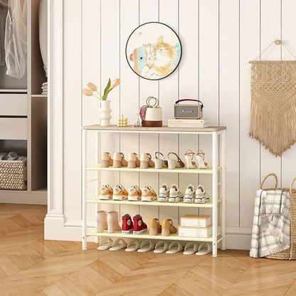 INGIORDAR Shoe Rack Organizer 5 Tier Metal Organizer Shelf with Industrial MDF Board and Layer Fabric for Entryway Closet Bedroom Living Room Garage (White, 4 Tier)