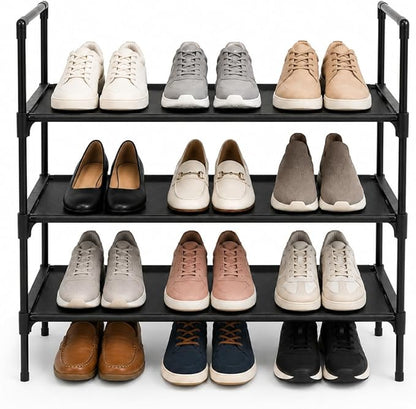 Shoe Rack Organizer, 3-Tier Shoe Rack for Closet and Entryway, Metal Shoe Storage Shelf with Fabric Shelves, Space Saving Shoe Organizer for Closet, Garage Storage, Bedroom, Hallway, Black (3-Tier)