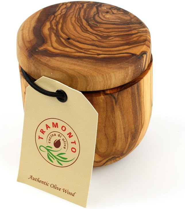 Tramanto Olive Wood Salt Pot - Rustic Wooden Cellar and Pinch for Salts with Lid - 3.5 Inch Wide