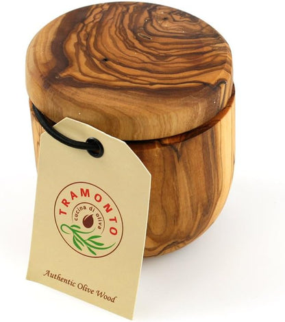 Tramanto Olive Wood Salt Pot - Rustic Wooden Cellar and Pinch for Salts with Lid - 3.5 Inch Wide