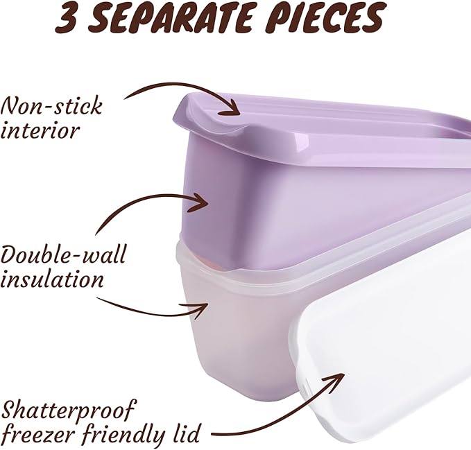 2 Pack Ice Cream Tub Containers (1.6 Quart Each), Reusable Freezer Storage Containers with Lids for Homemade Sorbet, Frozen Yogurt, or Gelato, Orange and Purple