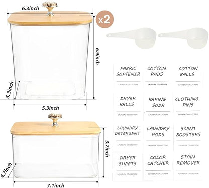 3 Pack Laundry Room Organization Storage Containers, Plastic Clear Laundry Pods Container & Dryer Sheet Holder Jars with Lids, Scoops & Labels for Detergent, Powder, Dryer Balls, Beads