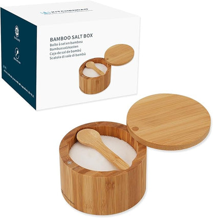 KITCHENDAO Bamboo Salt Pepper Bowl Box Cellar with Spoon and Magnetic Swivel Lid