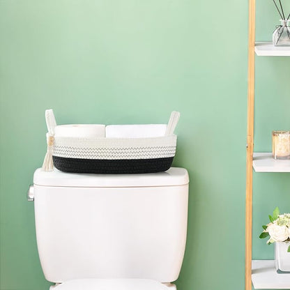 Mkono Small Storage Basket for Toilet Tank Top Boho Bathroom Decor Woven Rope Toilet Paper Tray Organizer for Shelf Bedroom Living Room, Black and White, 1 Pack, 13" L x 6" W