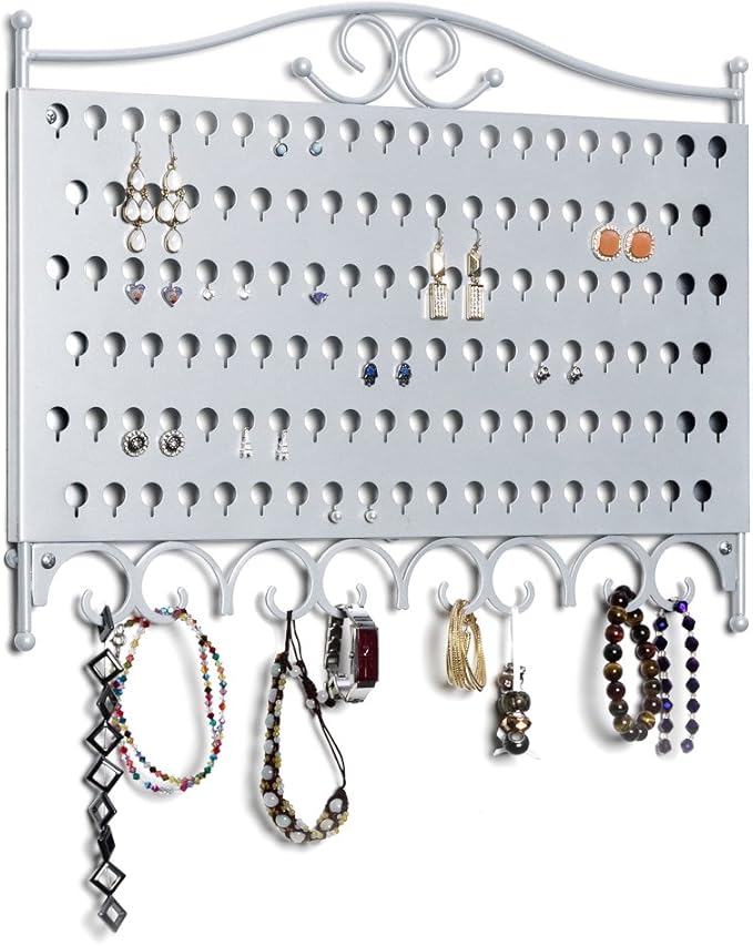 Mango Steam Wall Mounted Closet/Wardrobe Display Hanger Organizer for Jewelry & Earrings With Hooks for Necklaces, Bracelets, Accessories - Silver