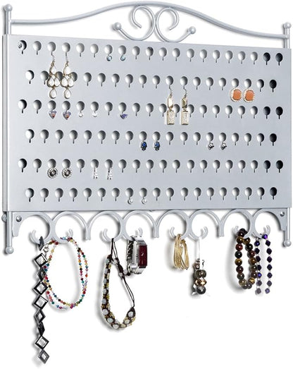 Mango Steam Wall Mounted Closet/Wardrobe Display Hanger Organizer for Jewelry & Earrings With Hooks for Necklaces, Bracelets, Accessories - Silver