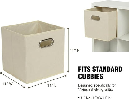 Fabric Storage Bins 6 Piece Set, Strong Poly-Woven Fabric, Sturdy Chipboard Sides, Grommet Front Handle, Stackable and Foldable, Classic Design, Cream