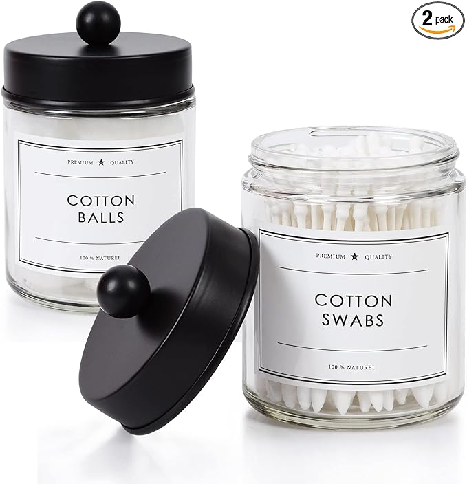 2-Pack Bathroom Apothecary Storage Jars, Vanity Countertop Canister, Glass Jars Q-tip Holder, Cotton Swab Container, Bathroom Storage Container with 8 Pcs Waterproof Labels (9 Oz, Clear)