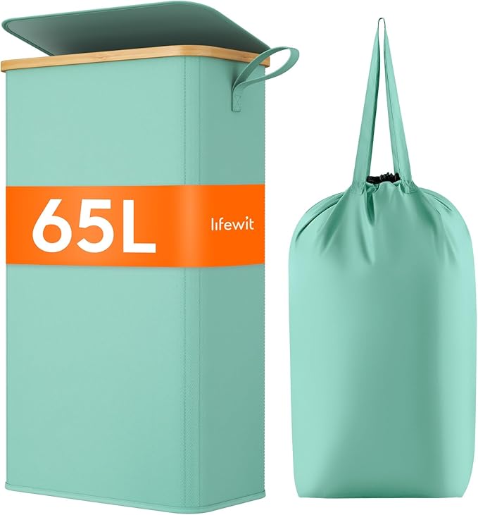 Lifewit 65L Slim Laundry Hamper with Lid, Narrow Laundry Basket with Removable Bag & Bamboo Handles, Fodable Thin Dirty Clothes Hamper for Laundry Collapsible Bin for Bathroom Bedroom Dorm, Sage Green