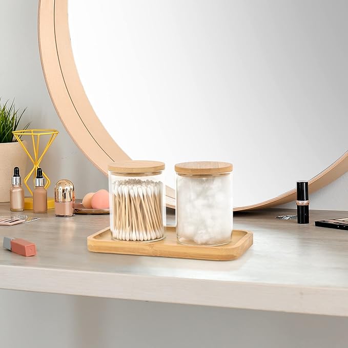 BKYFPQ Bamboo Vanity Tray, Bathroom Tray Organizer Glass Qtip Holder Dispenser Apothecary Jars for Cotton Swabs Balls, Round Pad, Perfume Candles, Cosmetics and Jewelry Storage Organizer