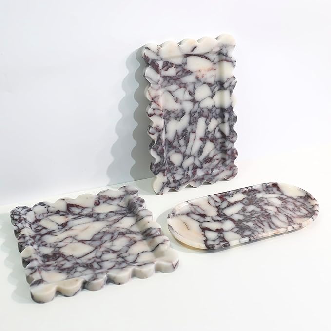Natural 100% Marble Vanity Tray Luxury Scalloped Marble Storage Square Rectangle Tray for Home Decor Stone Tray for Bathroom Kitchen Candle Key (Square-9.8 * 9.8-Calacatta Viola)