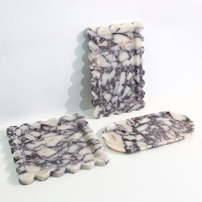 Natural 100% Marble Vanity Tray Luxury Scalloped Marble Storage Square Rectangle Tray for Home Decor Stone Tray for Bathroom Kitchen Candle Key (Square-9.8 * 9.8-Calacatta Viola)