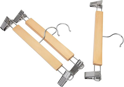 10-Pack Natural Finish Wooden Pant Skirt Hangers with 2-Adjustable Anti-Rust Clips