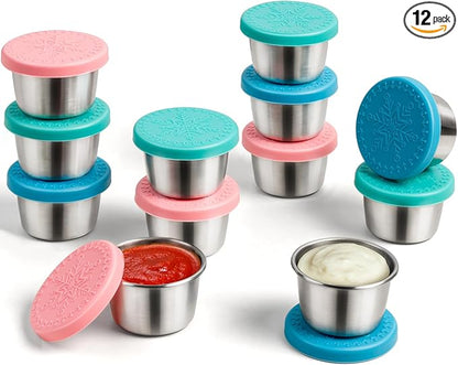 Freshmage [12 Pack 2.4oz Stainless Steel Dressing Container with Silicone Lids, Reusable Leakproof Condiment Containers Small Sauce Container Sets
