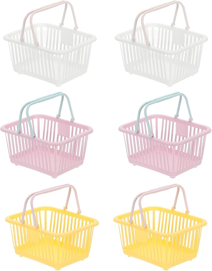 PATIKIL 6PCS Mini Shopping Basket, Small Plastic Basket Mini Storage Basket Grocery Tiny with Handles Organizer Filtered Water for Organizing Toys Eggs Fruits Snacks,White Purple Yellow