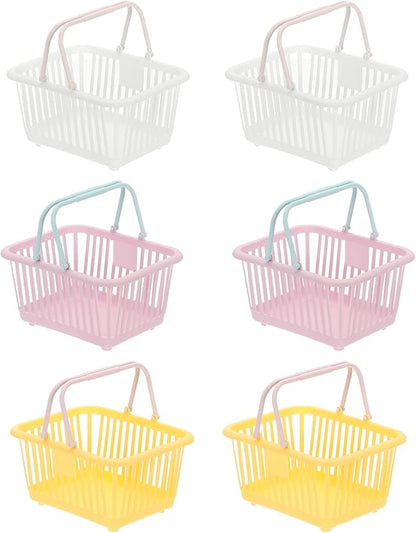 PATIKIL 6PCS Mini Shopping Basket, Small Plastic Basket Mini Storage Basket Grocery Tiny with Handles Organizer Filtered Water for Organizing Toys Eggs Fruits Snacks,White Purple Yellow