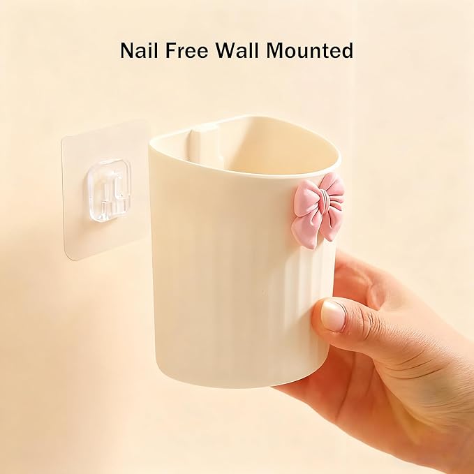 Wall-Mounted Plastic Small Makeup Brush Holder with Bow, Self-adhesive Multifunctional Holder Cup for Brushes, Pens & Pencils, Toothbrushes, Ideal for Bathroom or Office Countertop