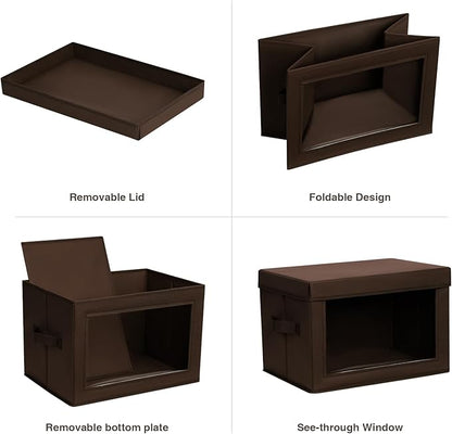 Homsorout Foldable Storage Boxes with Clear Window - Clothes Organizers and Decorative Bins with Lid, Fabric Storage Cube, Baskets for Shelves, Yarn, Home, Brown, 3 Pack