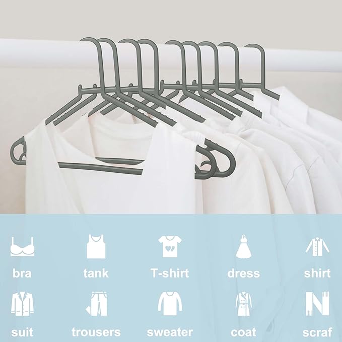 Byomostor Plastic Hangers 50 Pack, Light Weight Durable Clothes Hangers with Hooks Standard Size G-Shape&Non-Slip Coat Hangers for Everyday Use (Grey)