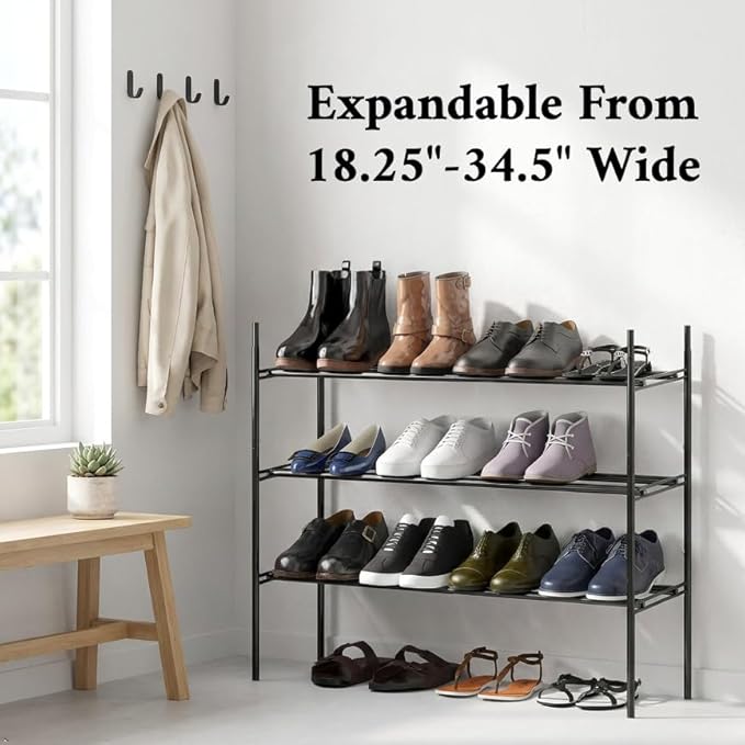Simple Houseware Space-Saving 3-Tier Shoe Rack - Expandable & Stackable Metal Footwear Organizer for Entryway or Closet, Black