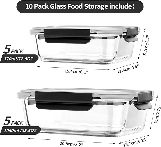 coccot Glass Food Storage Containers with Lids Airtight, Glass Meal Prep Containers with Snap Lids for Food, Bpa-free,Easy to Open&Close/Microwave,Oven,Freezer,Dishwasher Safe/Leak-proof [10 Pack]